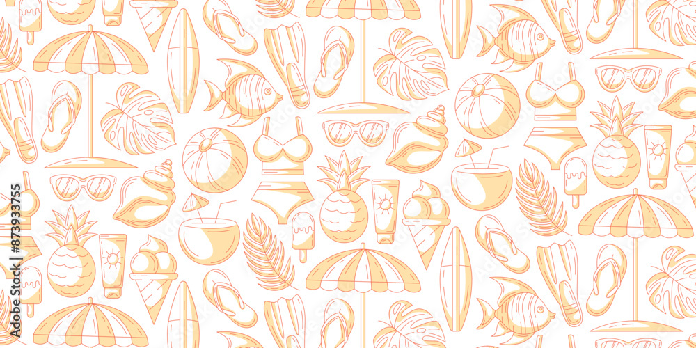 Monochrome orange seamless summer pattern with beach elements. Swimsuit, flip flops, flippers, exotic fish, surfboard, umbrella, coconut cocktail, pineapple. For cover, wrapping paper, textile print Monochrome orange seamless summer pattern with beach elements. Swimsuit, flip flops, flippers, exotic fish, surfboard, umbrella, coconut cocktail, pineapple. For cover, wrapping paper, textile print