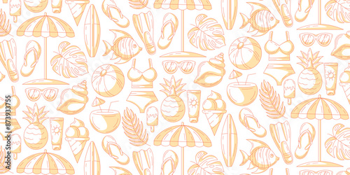Monochrome orange seamless summer pattern with beach elements. Swimsuit, flip flops, flippers, exotic fish, surfboard, umbrella, coconut cocktail, pineapple. For cover, wrapping paper, textile print