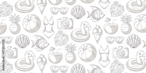 Monochrome seamless summer pattern with beach elements. Swimsuit, pineapple, tropical leaves, seashell, sunglasses, exotic fish, flamingo, coconut cocktail. For cover, wrapping paper, textile print