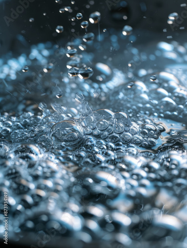 Obraz na płótnie Boiling water with bubbles and steam in close-up view.