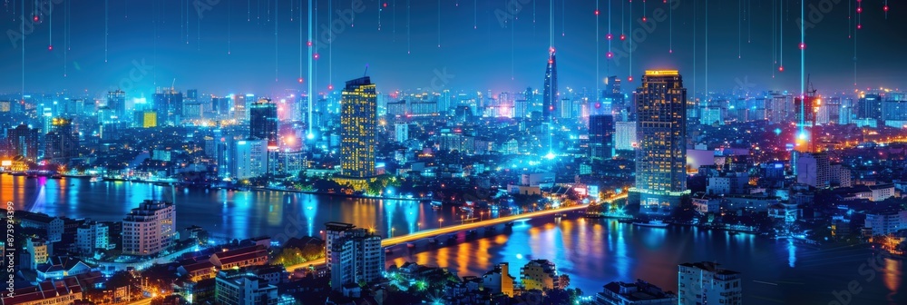 Obraz premium Wireless Communication in Smart City: Digital Network Connection Lines in Hanoi, Vietnam