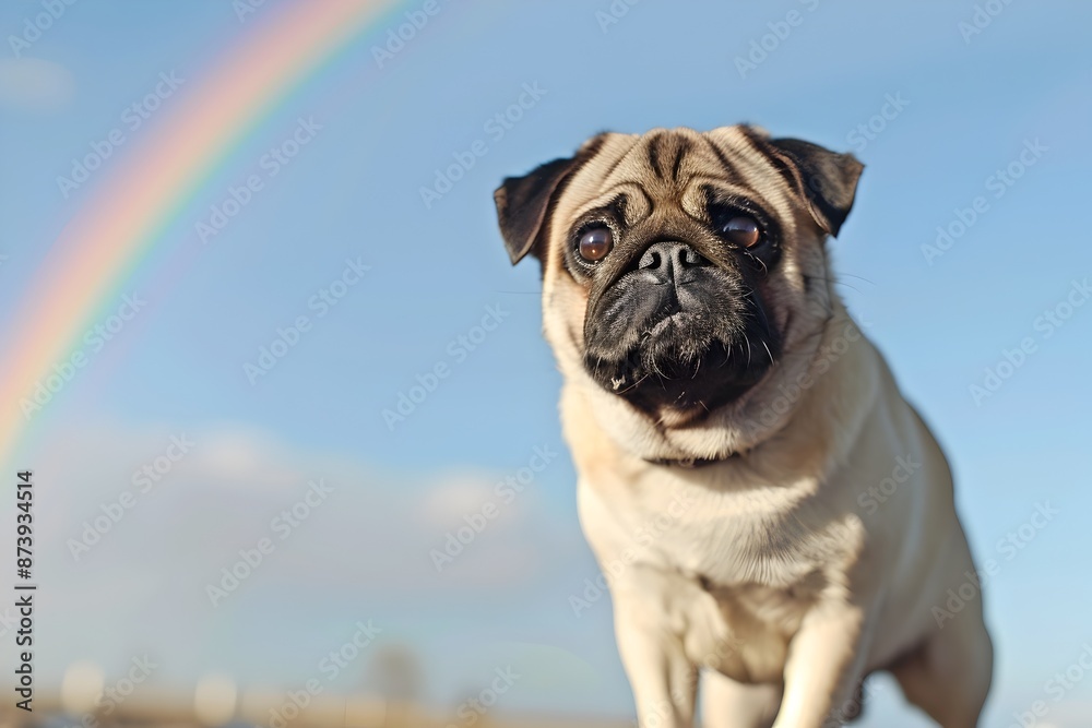 Obraz premium Pug Pup in Sunny Cinematic Scene with Rainbow