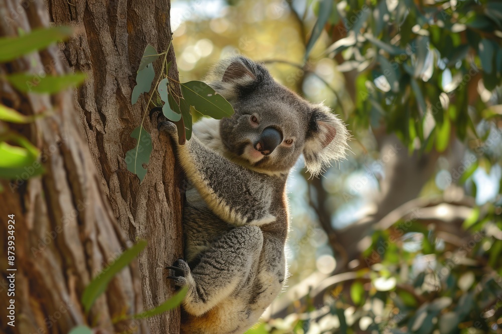Obraz premium Bear Koala on Eucalyptus Tree in Australia. Cute marsupial wildlife in nature
