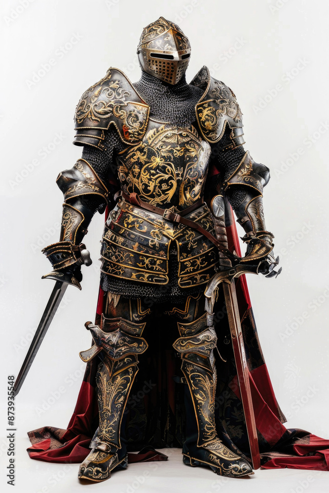 Obraz premium Regal knight in ornate armor, exuding authority on a white backdrop