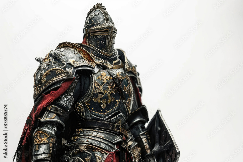 Regal knight in ornate armor, exuding authority on a white backdrop Regal knight in ornate armor, exuding authority on a white backdrop