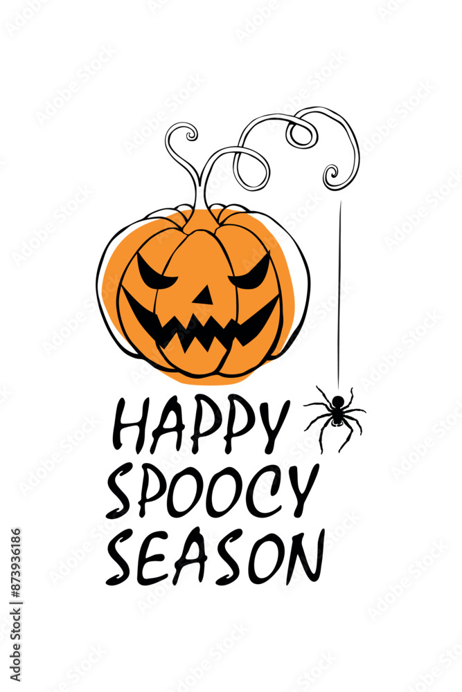 Happy spooky season. Halloween party banner, invitation, greeting card, costume party poster and celebration announce with creepy pumpkin and hanging spider Happy spooky season. Halloween party banner, invitation, greeting card, costume party poster and celebration announce with creepy pumpkin and hanging spider