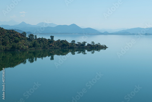 reflection of the forest in the lake.Bay views from green forests. View from the forest to the sea. Magnificent views from the forest to the sea. Magnificent bays of Muğla.