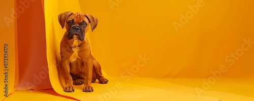 Adorable Boxer Puppy Sits on a Bright Yellow Background photo