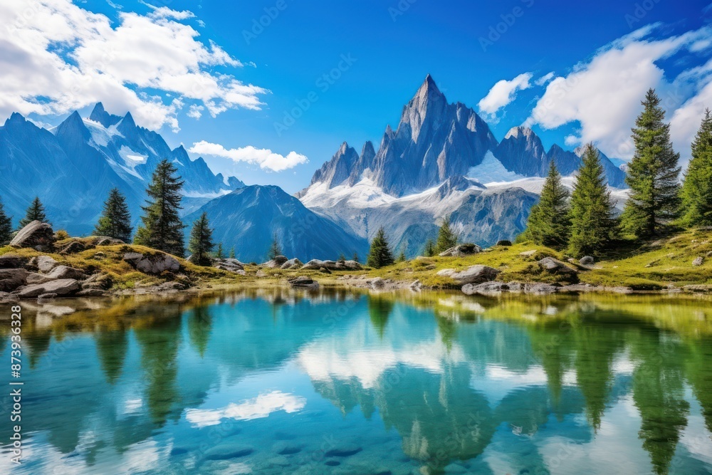 Fototapeta premium Summer panorama of the Lac Blanc lake with Mont Blanc landscape panoramic outdoors.