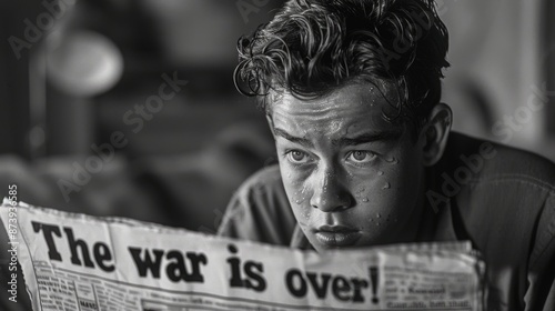 Captured in a 1940s black and white photograph, a young man seated in his chair expresses surprise upon reading the end of the war from his newspaper. photo