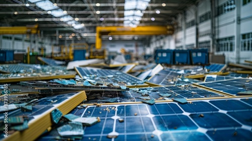 Within the dilapidated workshop remains, the solar panel production crisis is starkly portrayed, broken equipment and shattered panels weaving a narrative of downfall. photo