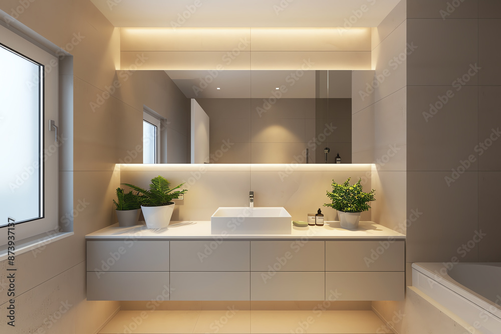 A modern frameless mirror in a minimalist bathroom, reflecting clean lines and sleek fixtures, Contemporary, High resolution, Elegant and sophisticated design A modern frameless mirror in a minimalist bathroom, reflecting clean lines and sleek fixtures, Contemporary, High resolution, Elegant and sophisticated design