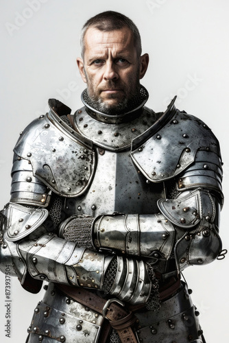Heroic knight with a determined gaze in shining armor, isolated on white