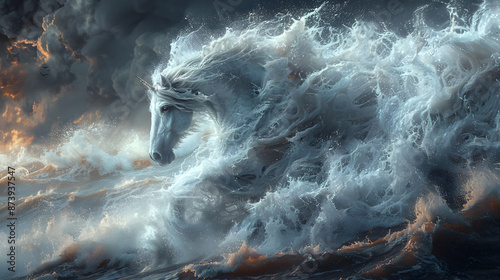 Majestic Unicorn Emerges from Ocean Waves Amidst Stormy Skies