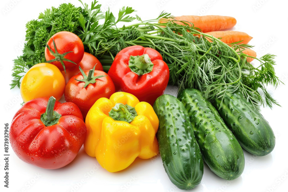 A colorful mix of fresh vegetables arranged on a white background A colorful mix of fresh vegetables arranged on a white background