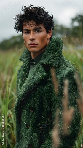 Stylish Man in Green Textured Coat Posing in a Natural Meadow