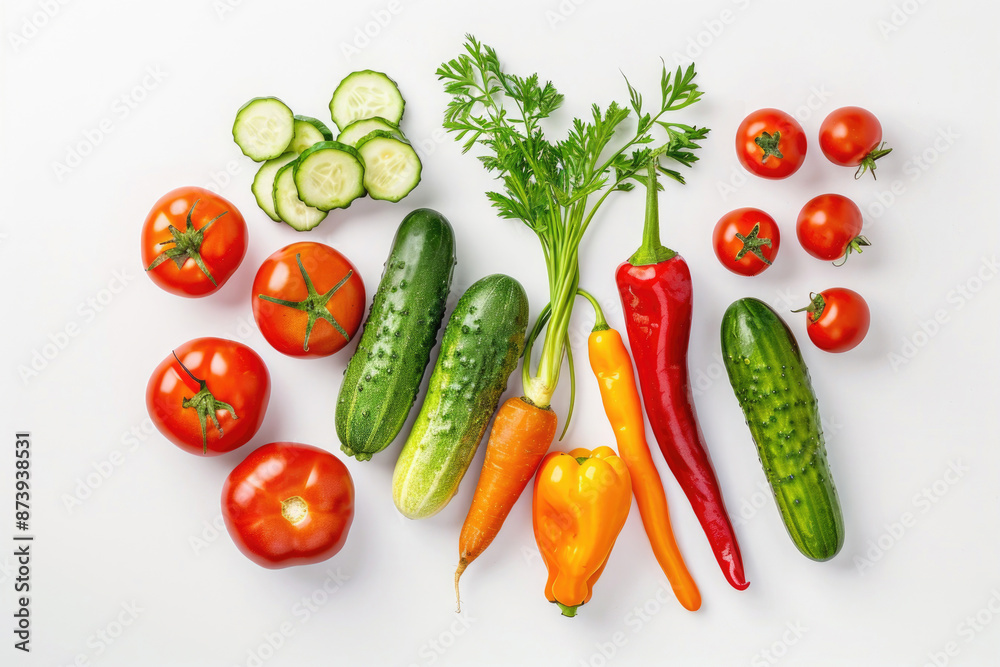 A colorful mix of fresh vegetables arranged on a white background A colorful mix of fresh vegetables arranged on a white background