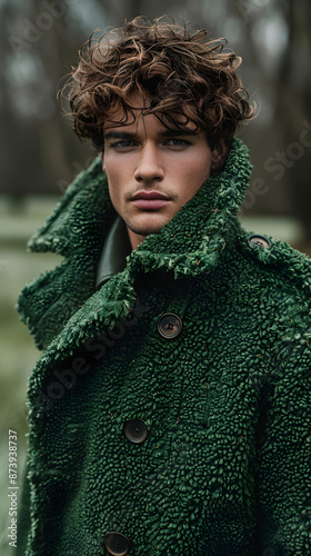 Fashionable Man in Green Coat Amidst Natural Meadow