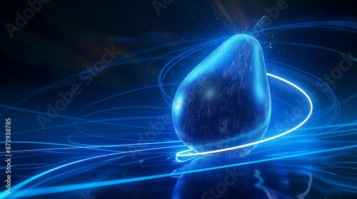 A glowing blue pear is surrounded by dynamic light trails on a dark, reflective surface, creating a futuristic and surreal atmosphere.