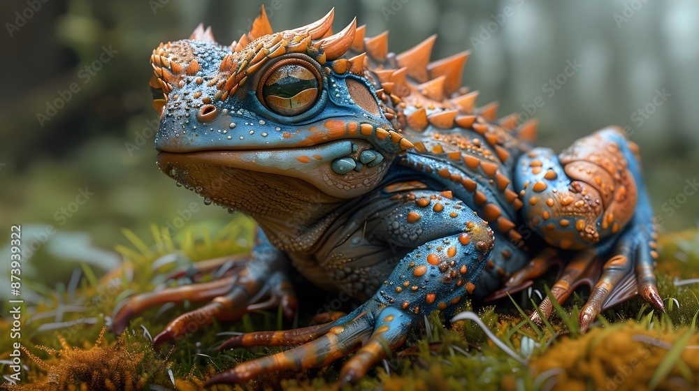 Fototapeta premium Vibrantly Colored Fantasy Toad with Spiky Armor in a Lush Forest