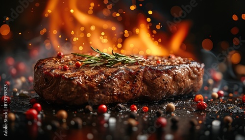 Steak on fire with spices on a dark background  © Svetlana