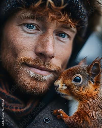 Close-Up Portrait of a Man with Red Hair and a Friendly Squirrel