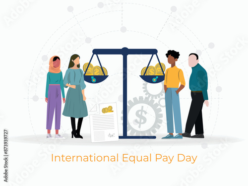 A group of people standing on a scale with the words International Equal Pay Day written below them. Concept of equality and the importance of fair pay for all individuals