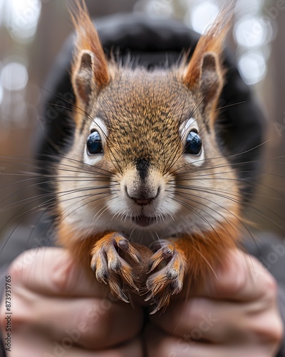 Adorable Close-Up of a Squirrel Held Gently in Human Hands