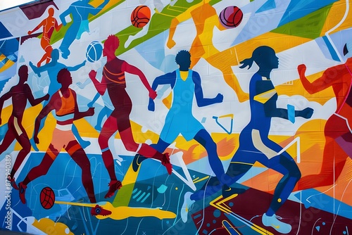 A vibrant mural of a sports scene with various activities like soccer, basketball, and running.