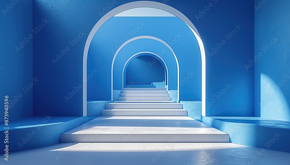pastel blue minimalistic frame there are white podium, in the interior, a pedestal for product presentation pastel blue minimalistic frame there are white podium, in the interior, a pedestal for product presentation