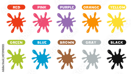 Vector illustration of cartoon paint blobs with names. Worksheet for kids.