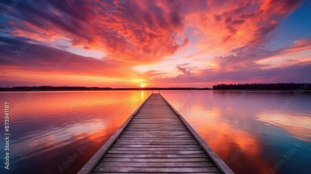 Naklejka premium Wooden pier on the lake at beautiful sunset. Dramatic sky., generative ai