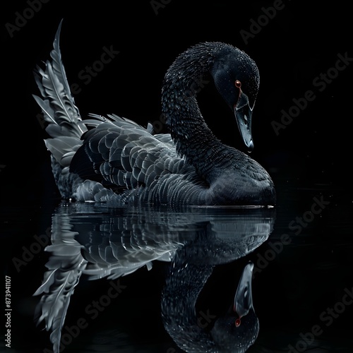 Elegant black swan gracefully reflected in calm dark water at night