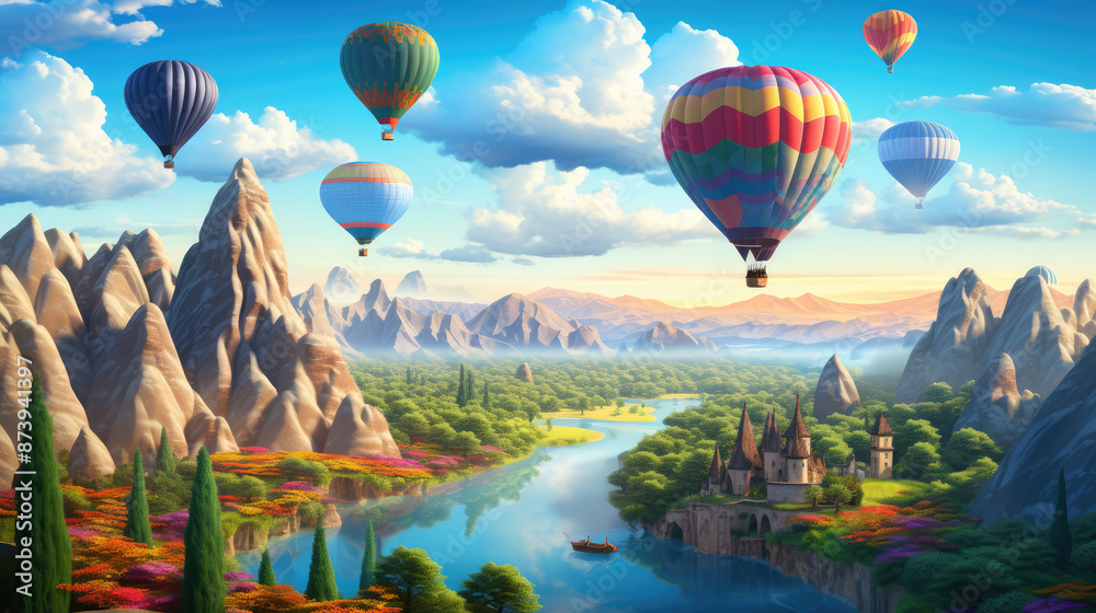 Fototapeta premium Colorful hot air balloons flying over beautiful landscape., generative ai