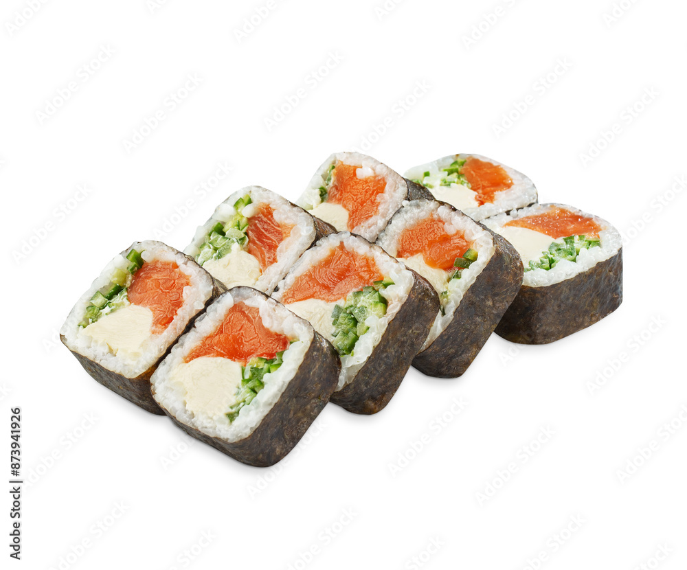Delicious futomaki rolls filled with smoked salmon fillet, cream cheese and cucumbers, presented on white background. Popular Japanese style snack