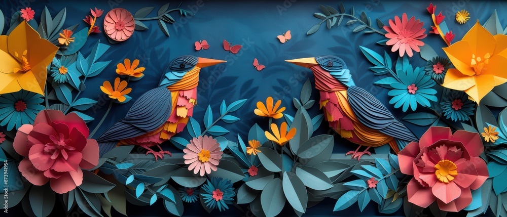 Fototapeta premium Paper cut birds in a tropical aviary zoo.