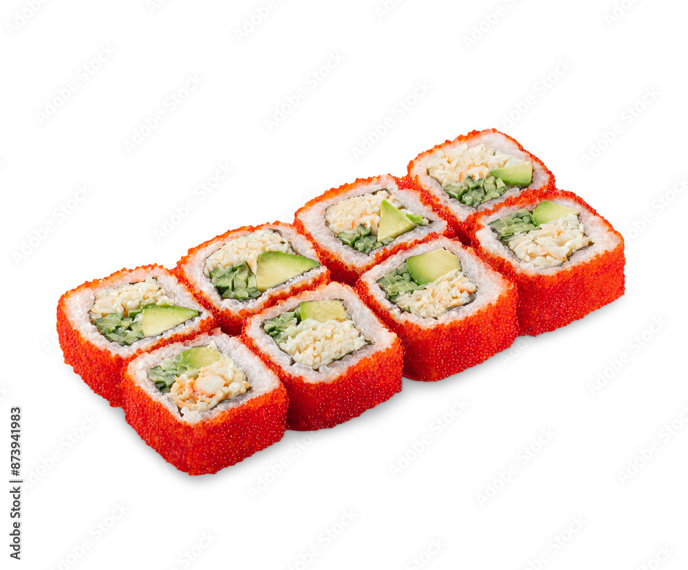 California rolls laid out in a row on a white surface. The rolls are topped with red tobiko and filled with crab meat, avocado, and other ingredients. California rolls laid out in a row on a white surface. The rolls are topped with red tobiko and filled with crab meat, avocado, and other ingredients.