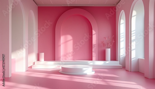 Pink minimalistic frame there are white podium, in the interior, a pedestal for product presentation © Svetlana