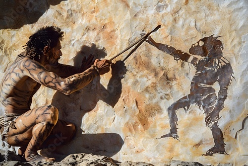Stone-aged man painting alien figure on cave wall suggesting ancient alien visitation
