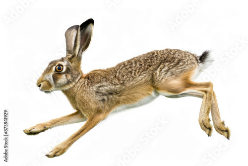A hare mid-bound, ears back, isolated on a white background