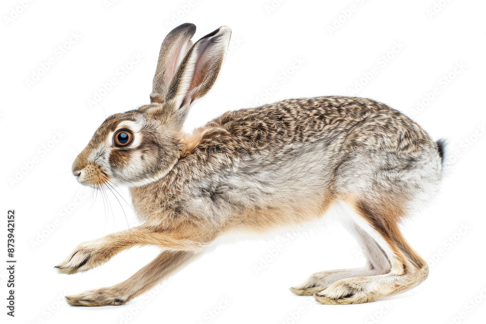Obraz premium A hare mid-bound, ears back, isolated on a white background