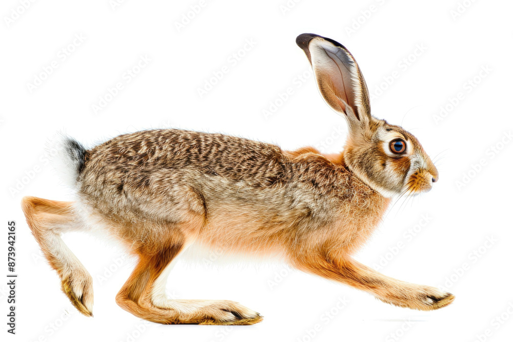 Fototapeta premium A hare mid-bound, ears back, isolated on a white background