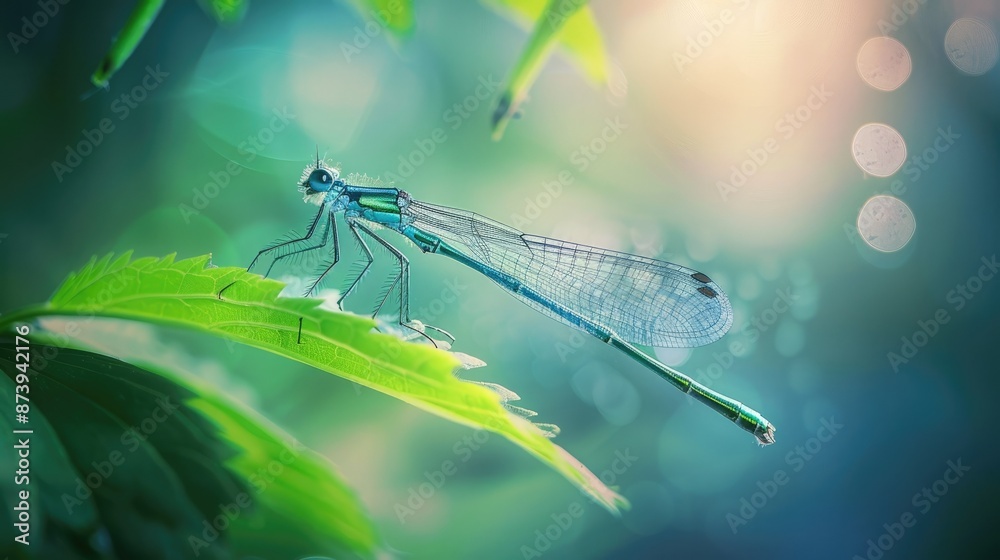 Delicate Damselfly Resting on Verdant Leaf with Serene Iridescent Tones Delicate Damselfly Resting on Verdant Leaf with Serene Iridescent Tones