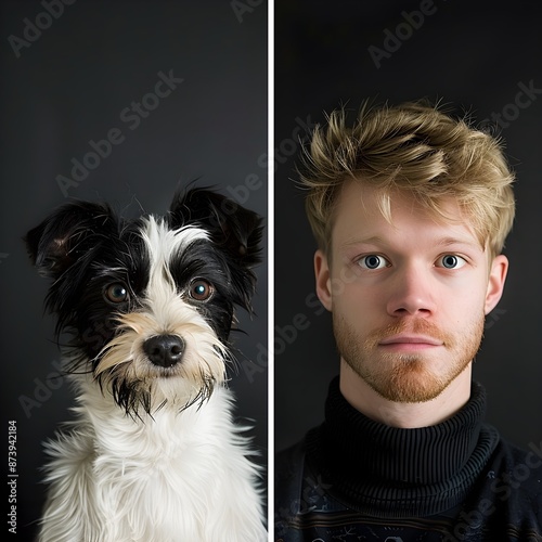 Side-by-side portraits of a young man and his black-and-white dog against a dark background