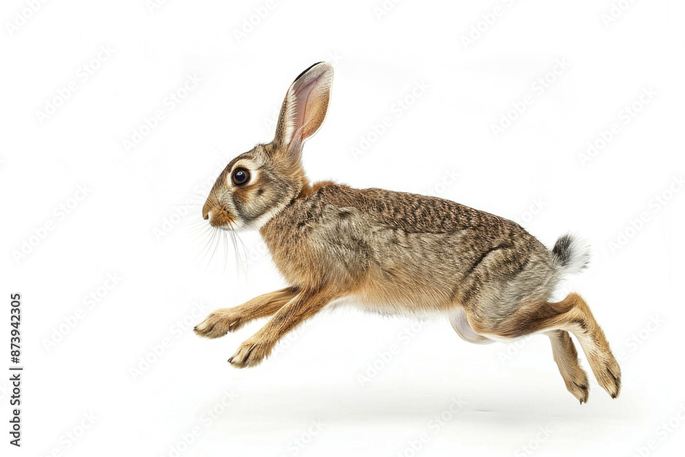 Fototapeta premium A hare mid-bound, ears back, isolated on a white background