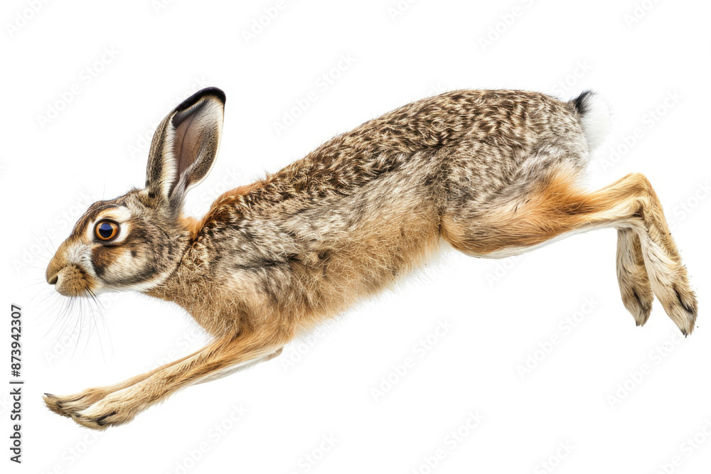 Obraz premium A hare mid-bound, ears back, isolated on a white background