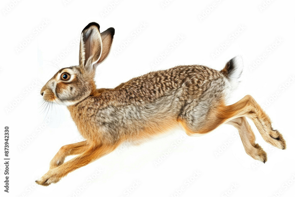 Naklejka premium A hare mid-bound, ears back, isolated on a white background