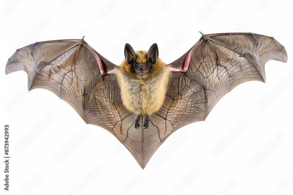 Fototapeta premium A bat mid-flight, wings spread, isolated on a white background