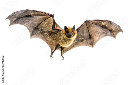 A bat mid-flight, wings spread, isolated on a white background
