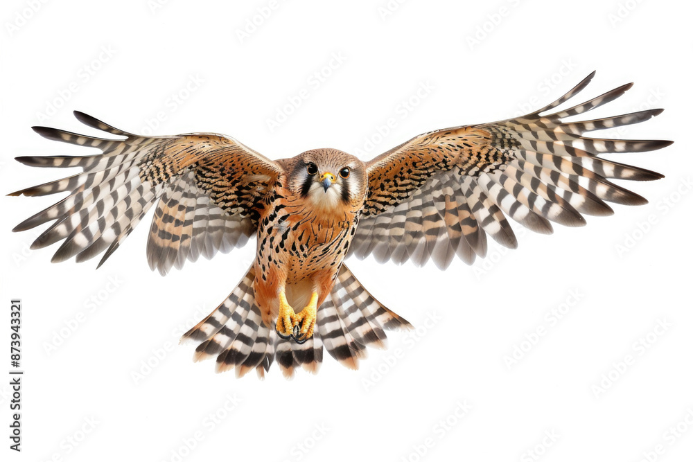 A kestrel mid-soar, wings wide, isolated on a white background A kestrel mid-soar, wings wide, isolated on a white background